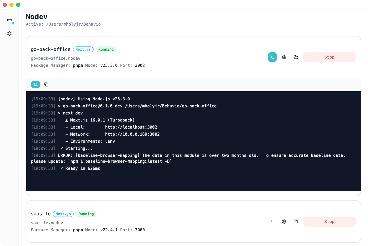Nodev dashboard showing project management interface